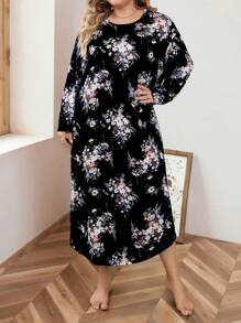 Plus Size Women's Comfortable Floral Printed Pajama Dress, Can Be Worn Outside, Long Dress