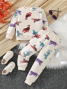 SHEIN 2 cái/bộ Cô gái Tuyệt đẹp Hổ Cartoon Mẫu In Dài Quần Bộ đồ Đối với Bữa tiệc ngày lễ , Mùa thu đông - Màu be - Xem 2