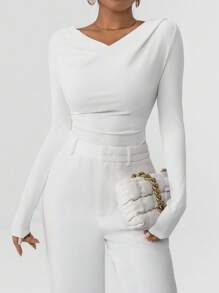 Firerie 女款v領純色條紋修身長袖t卹 - 白色 - 查看 3