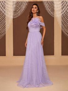 SHEIN Belle Open Shoulder 3D Flower Evening Dress - Mauve Purple - View 6