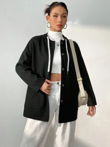 SHEIN Unity 落肩袖雙口袋抽繩連帽花呢外套 - 黑色 - 查看 4