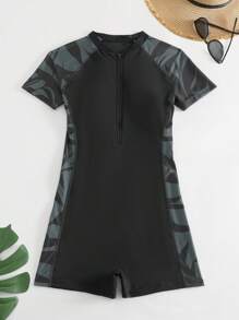 SHEIN Swim Summer Beach Conservative Color-Block Leaf Print One-Piece Swimsuit