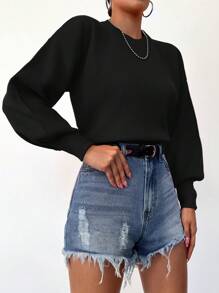 EURMUSE Women's Drop Shoulder Round Neck Sweater - Black - View 4