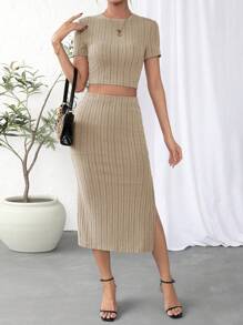 SHEIN Essnce Chất rắn Áo phông Crop & Tách đùi Váy - Màu be - Xem 4