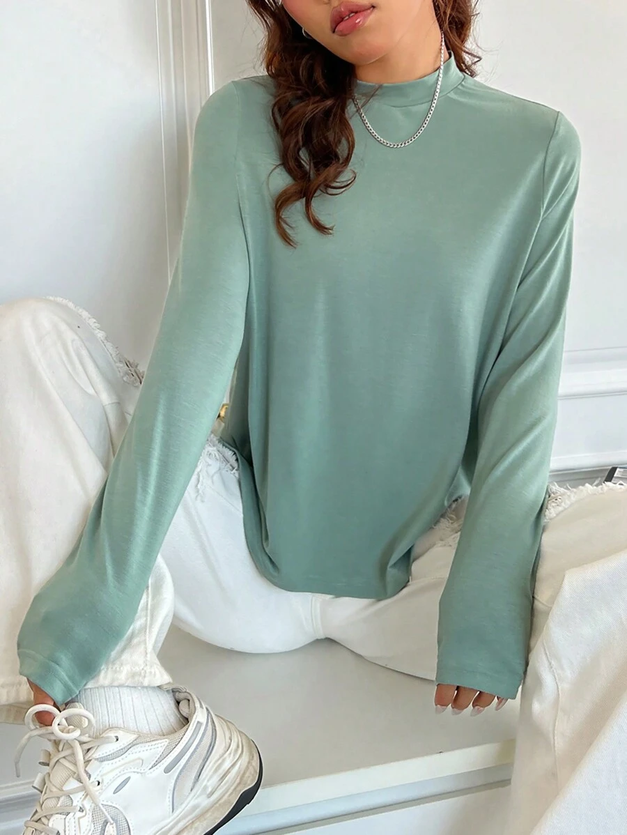 SHEIN EZwear 素色小高領T恤 - 綠色 - 查看 1