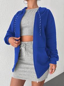 SHEIN Cottnline Sudadera Con Capucha Para Mujer Con Cordón De Hombro Caído De Color Sólido - azul real - Ver 5
