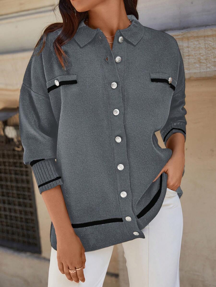 EURMUSE Striped Trim Drop Shoulder Button Front Cardigan - Dark Grey - View 1