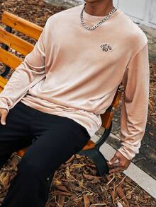 Manfinity Homme 男士大码字母刺繡落肩袖運動衫 - 卡其色 - 查看 5