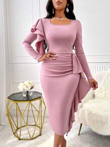 SHEIN Clasi Square Neck Ruffle Trim Ruffle Trim Ruched Bodycon Dress Maxi Women Outfit Fall Cloth For Women - Pink - View 4