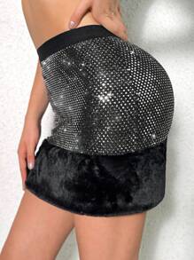 Zolique Contrast Fuzzy Hem Sequin Skirt - Black - View 4