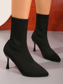 女性中筒襪靴子帶高&薄高跟鞋,尖頭,性感 - 黑色 - 查看 4