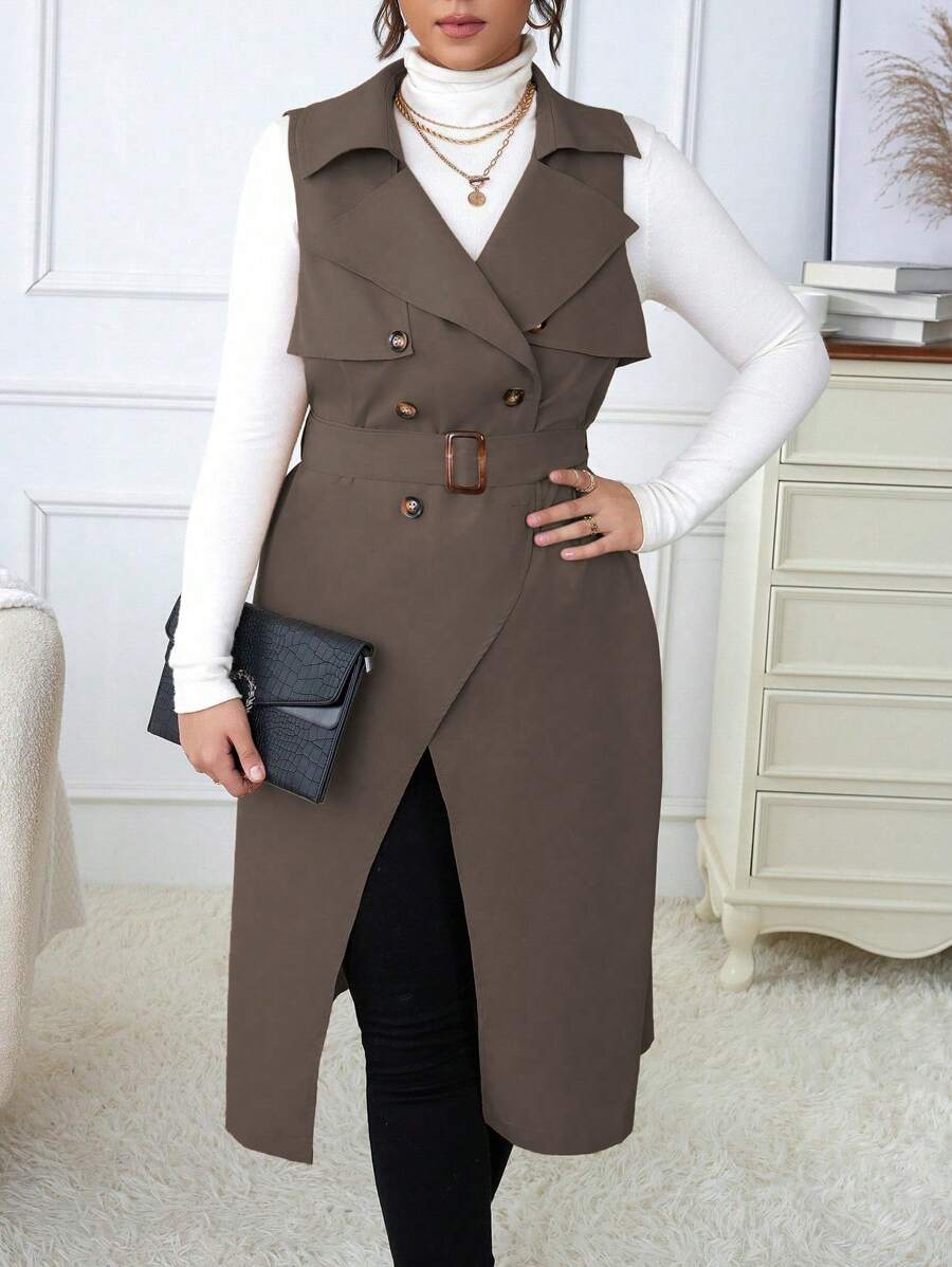 Calvaya Plus Size Double Breasted Belted Sleeveless Trench Coat - Coffee Brown - View 1