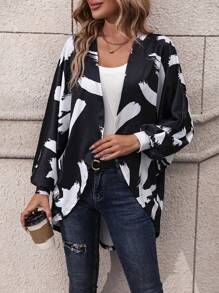 SHEIN LUNE 筆刷圖案蝙蝠袖開門襟外套 - 黑色 - 查看 7