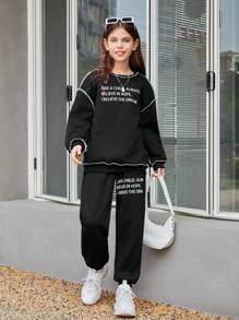 SHEIN 青少女羊毛衣,印花寬鬆圓領套頭衫和針織彈性腰帶運動長褲套裝 - 黑色 - 查看 4