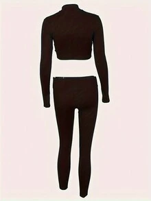 2 Piezas/conjunto Top Corto Rayado Acanalado Con Cremallera Y Pantalones Ajustados - Negro - Ver 2