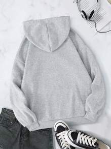 SHEIN EZwear Của phụ nữ In thư Dây rút áo có mũ Lông cừu Áo nỉ - Màu Xám nhạt - Xem 2