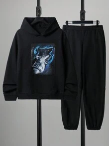 RueChic Men Wolf Print Hoodie & Sweatpants - Black - View 1