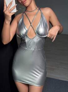 SHEIN Unity 性感露背 交叉 挖空純色女士連衣裙