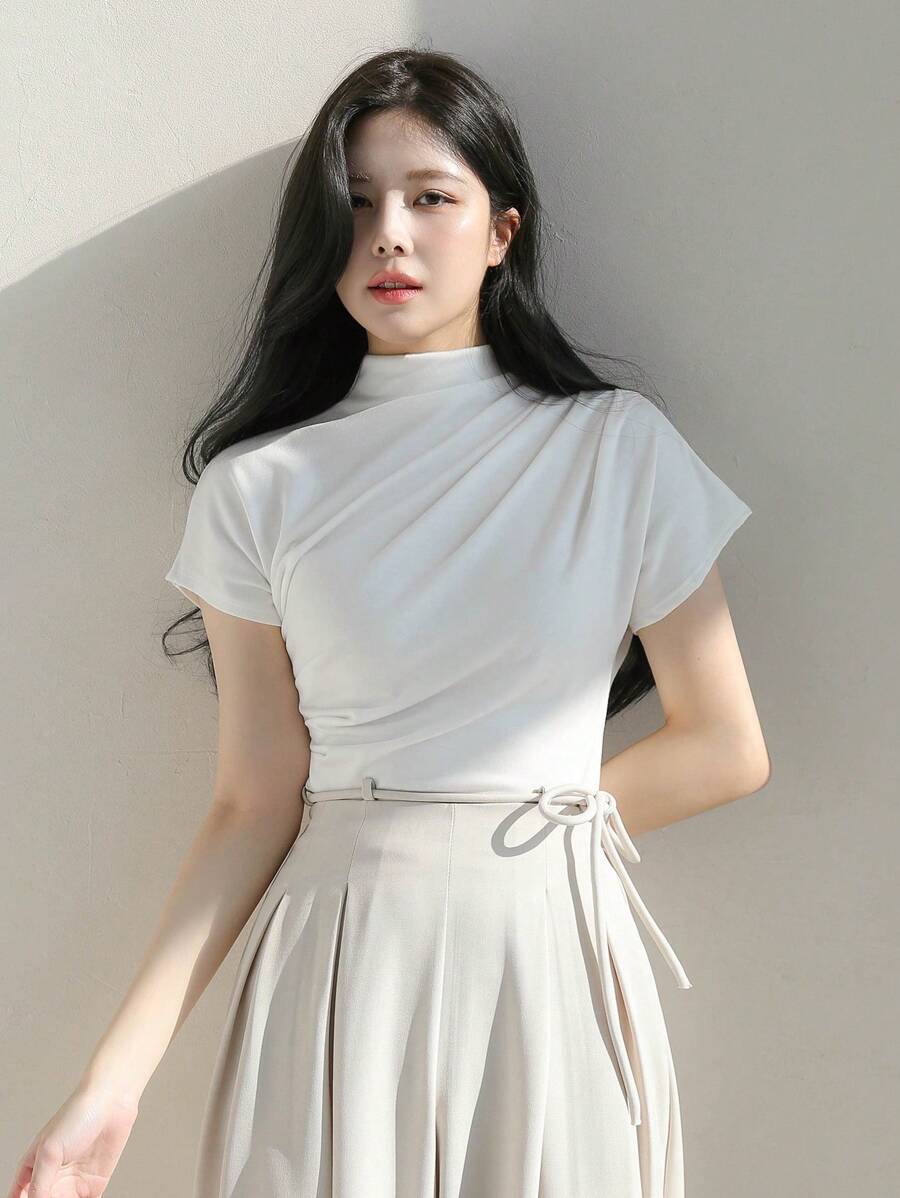 DAZY 褶饰针织高领上衣，商务休闲女式高领衫