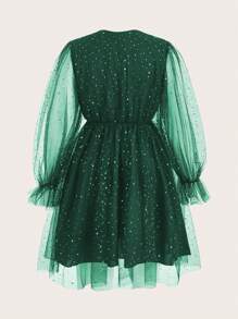 Flirla Plus Size Bell Sleeve Sparkly Mesh Sequin Dress - Dark Green - View 2