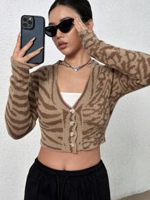SHEIN Unity 圖形圖案前紐扣短款開衫 - 棕色 - 查看 3