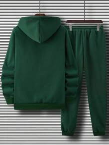 Manfinity Homme 男士前拉鍊連帽運動服帶運動褲 - 墨綠色 - 查看 2