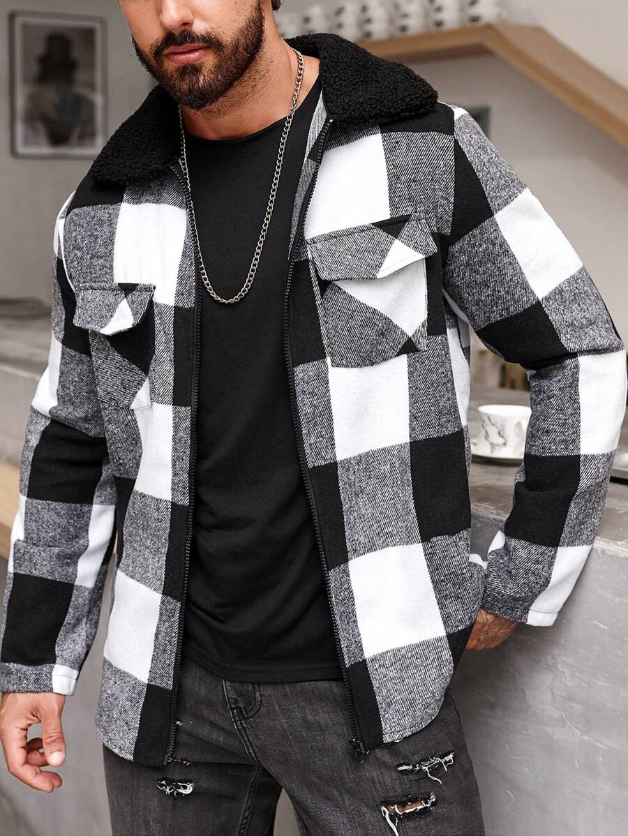 Manfinity Homme 1 Miếng Nam Lỏng lẻo phù hợp In kẻ sọc Buffalo Áo khoác kiểu sơ mi Với Flap túi Và Zip Khép kín - Đen và trắng - Xem 1