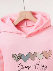 Tween Girl Heart And Letter Print Hooded Fleece Sweatshirt And Pants Set - Pink - View 6