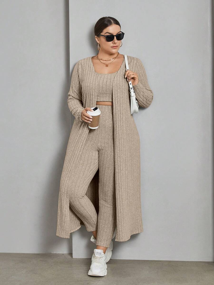 SHEIN Essnce 大碼開門襟外套&背心上衣&緊身打底褲 - 杏色 - 查看 1