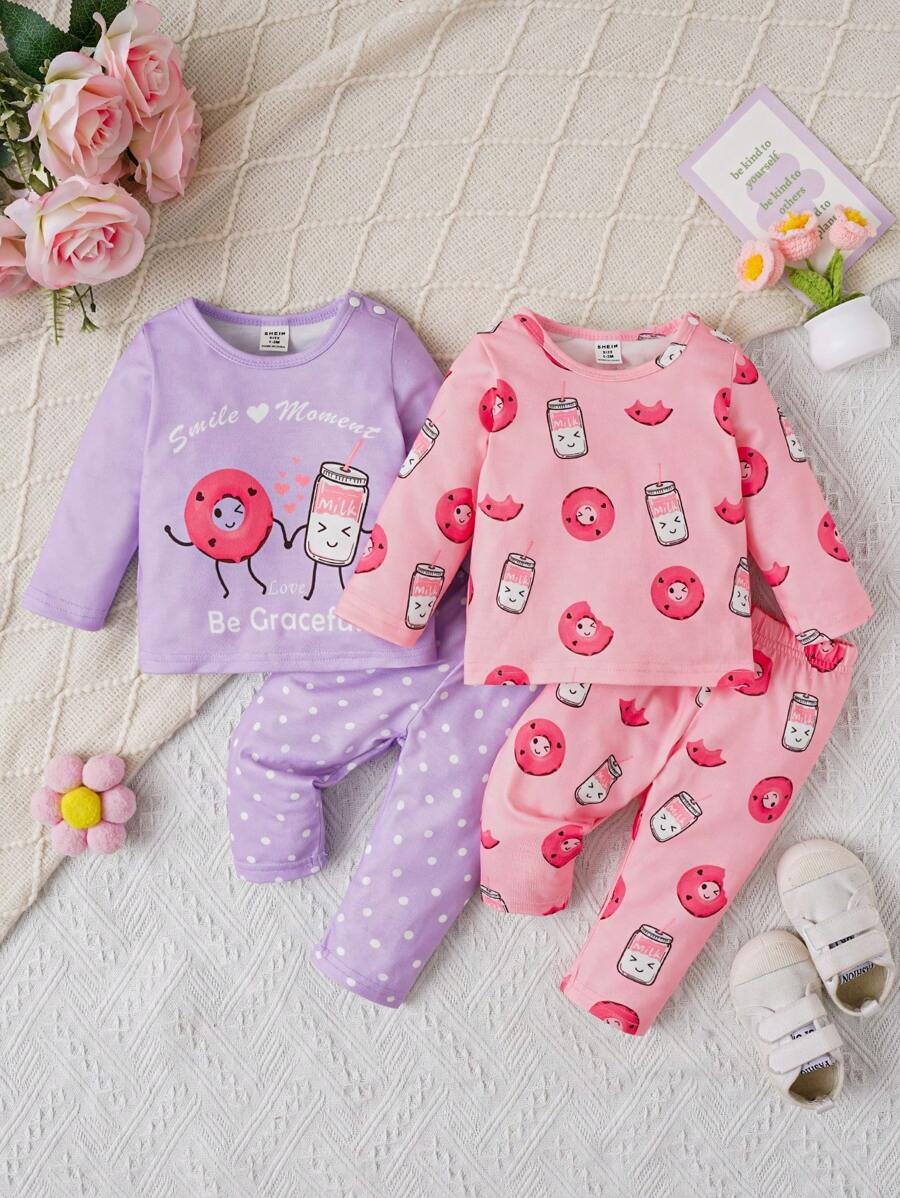 SHEIN 2 Miếng Em bé Cô gái Giải trí Thoải mái Dễ thương Món ăn Mẫu In Đối với Mặc hàng ngày at Nhà - Nhiều màu - Xem 1