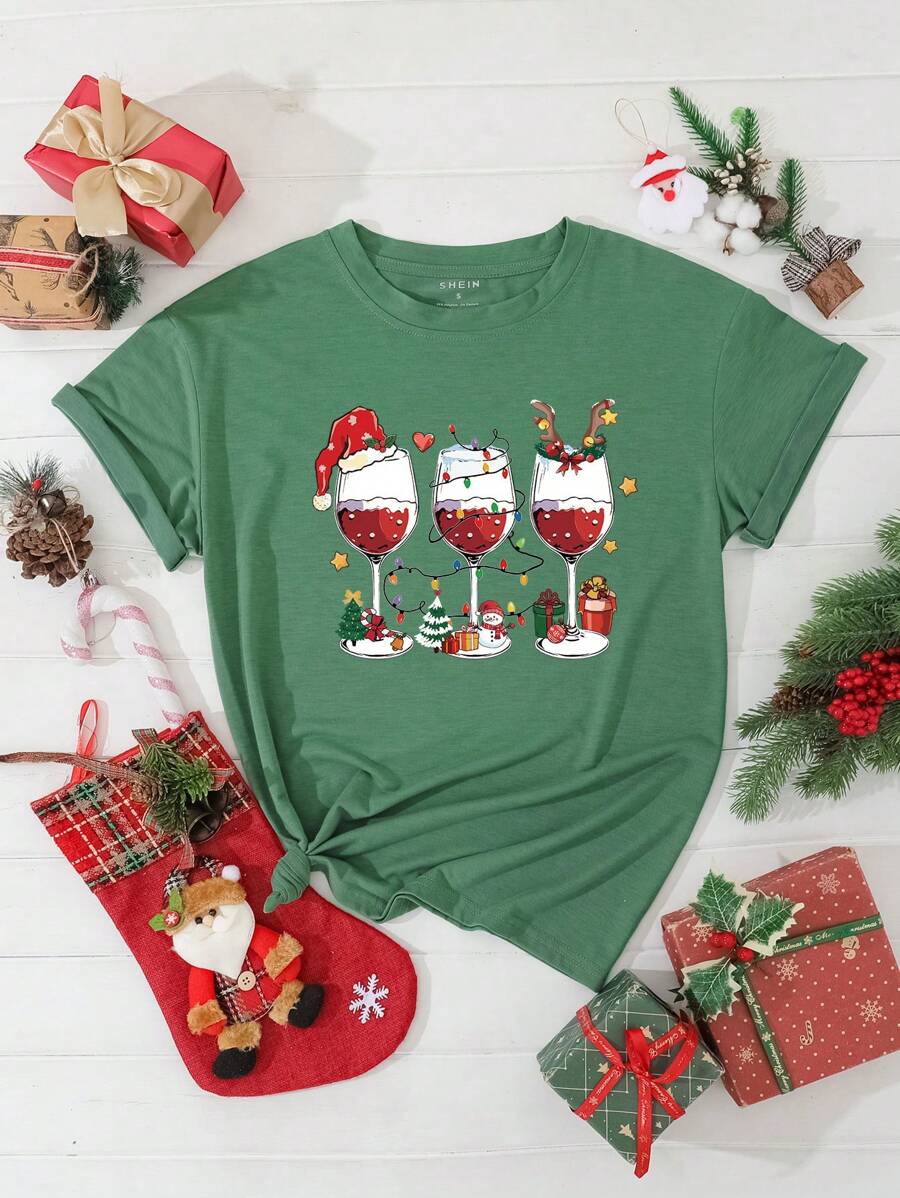 SHEIN LUNE In Giáng sinh Áo thun - màu xanh lá - Xem 1