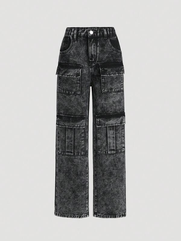 SHEIN Tween Girl Black Wide Leg Cargo Jeans