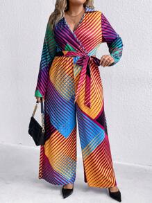 SHEIN Clasi Plus Striped Print Belted Wide Leg Jumpsuit - Multicolor - View 3