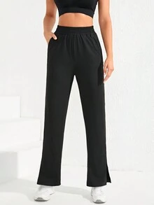 SHEIN Daily&Casual Túi nghiêng Viền chia cắt Chân bùng Quần thể thao - màu đen - Xem 4