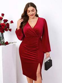 SHEIN Clasi Plus Lantern Sleeve Ruched Split Thigh Velvet Dress - Red - View 6