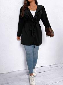 SHEIN LUNE 大碼流蘇邊開門襟連帽外套 - 黑色 - 查看 3