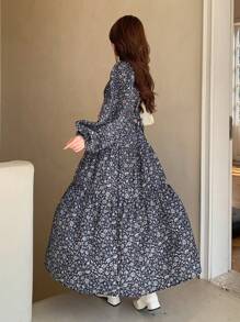 Dazy Star Ditsy Floral Print Flare Sleeve Dress,Ruffle,Fall Clothes - Royal Blue - View 4