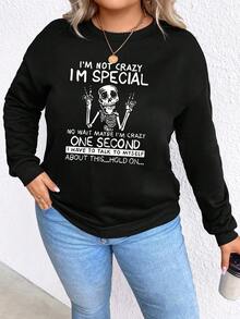 SHEIN Unity Kích thước lớn Sọ & Slogan In Thả vai Áo nỉ - màu đen - Xem 5