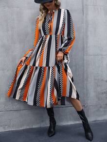 SHEIN LUNE Tie Neck Lantern Sleeve Ruffle Hem Smock Dress - Orange - View 6