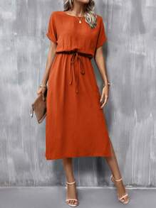 SHEIN Clasi Batwing Sleeve Knot Front Split Thigh Dress