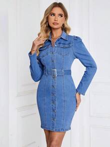 SHEIN Privé Women's Denim Dress With Flap Pockets And Belt
