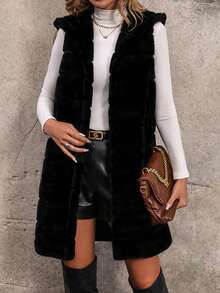 SHEIN LUNE 開門襟毛茸茸外套馬甲 - 黑色 - 查看 4