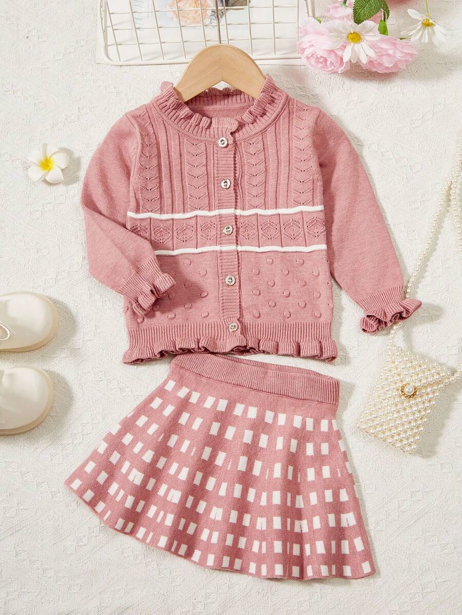 Baby Girl Frill Trim Cardigan & Geo Pattern Knit Skirt - Dusty Pink - View 1
