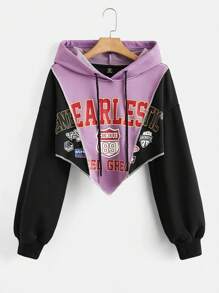 SHEIN EZwear Áo nỉ dáng rộng in chữ, vai rớt, dây rút - Màu tím - Xem 1