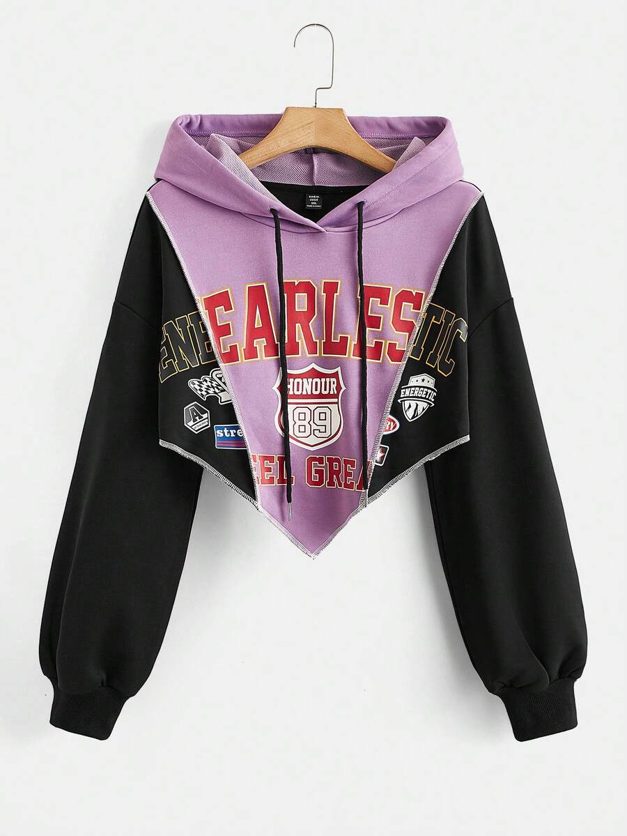 SHEIN EZwear Áo nỉ dáng rộng in chữ, vai rớt, dây rút - Màu tím - Xem 1