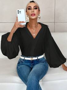 Firerie 素色燈籠袖前紐扣襯衫 - 黑色 - 查看 6