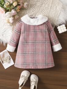 女嬰羊絨領口格紋洋裝