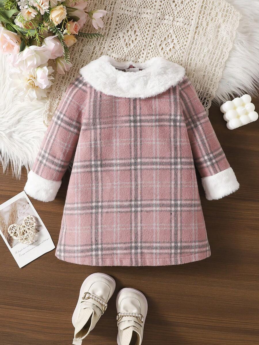 女嬰羊絨領口格紋洋裝