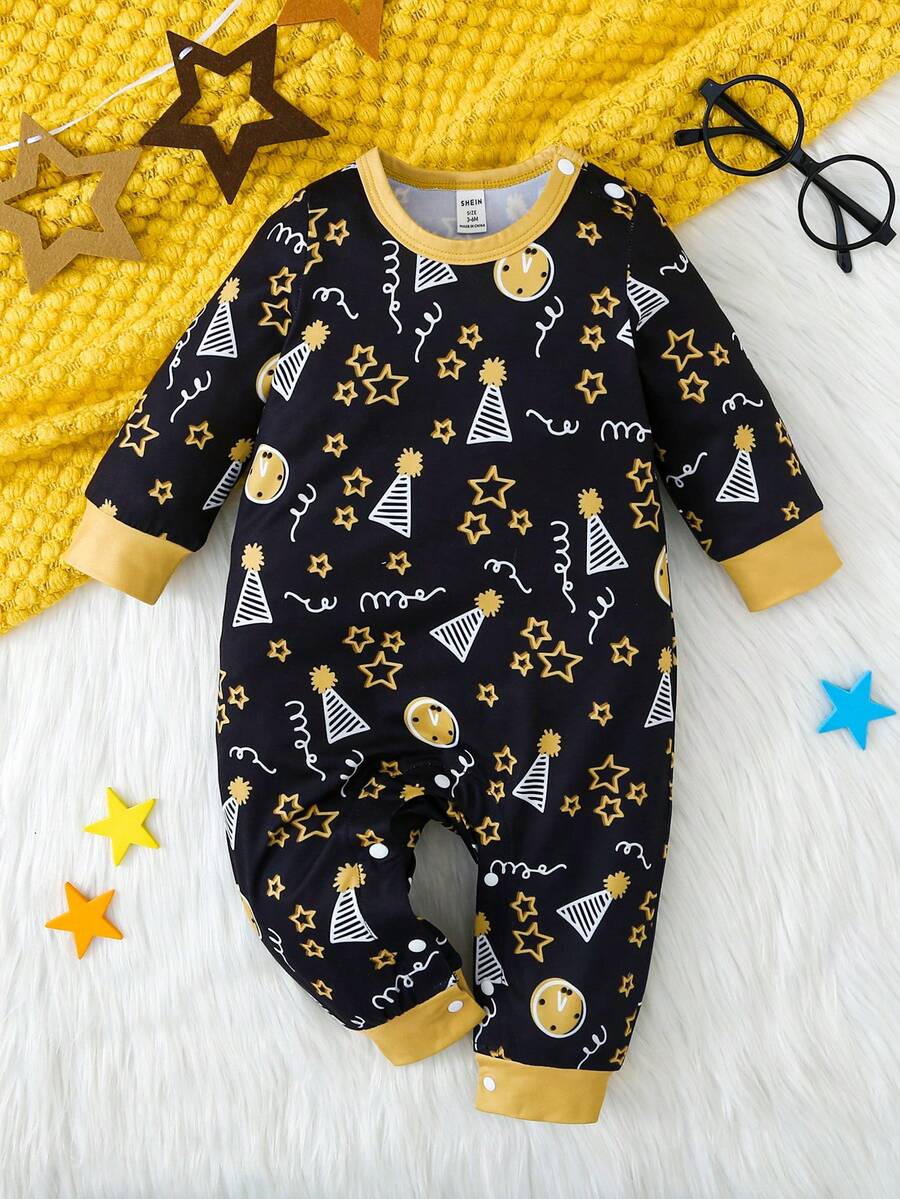 嬰兒男童卡通圖形對比綁縛連身衣 - 彩色 - 查看 1