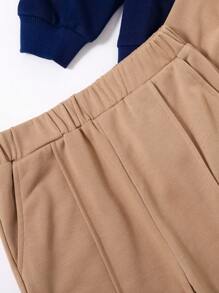 SHEIN Conjunto De Tres Piezas De Suéter, Pantalones Deportivos Y Sudadera De Punto Informal De Corte Holgado Para Niños Preadolescentes - Caqui - Ver 3